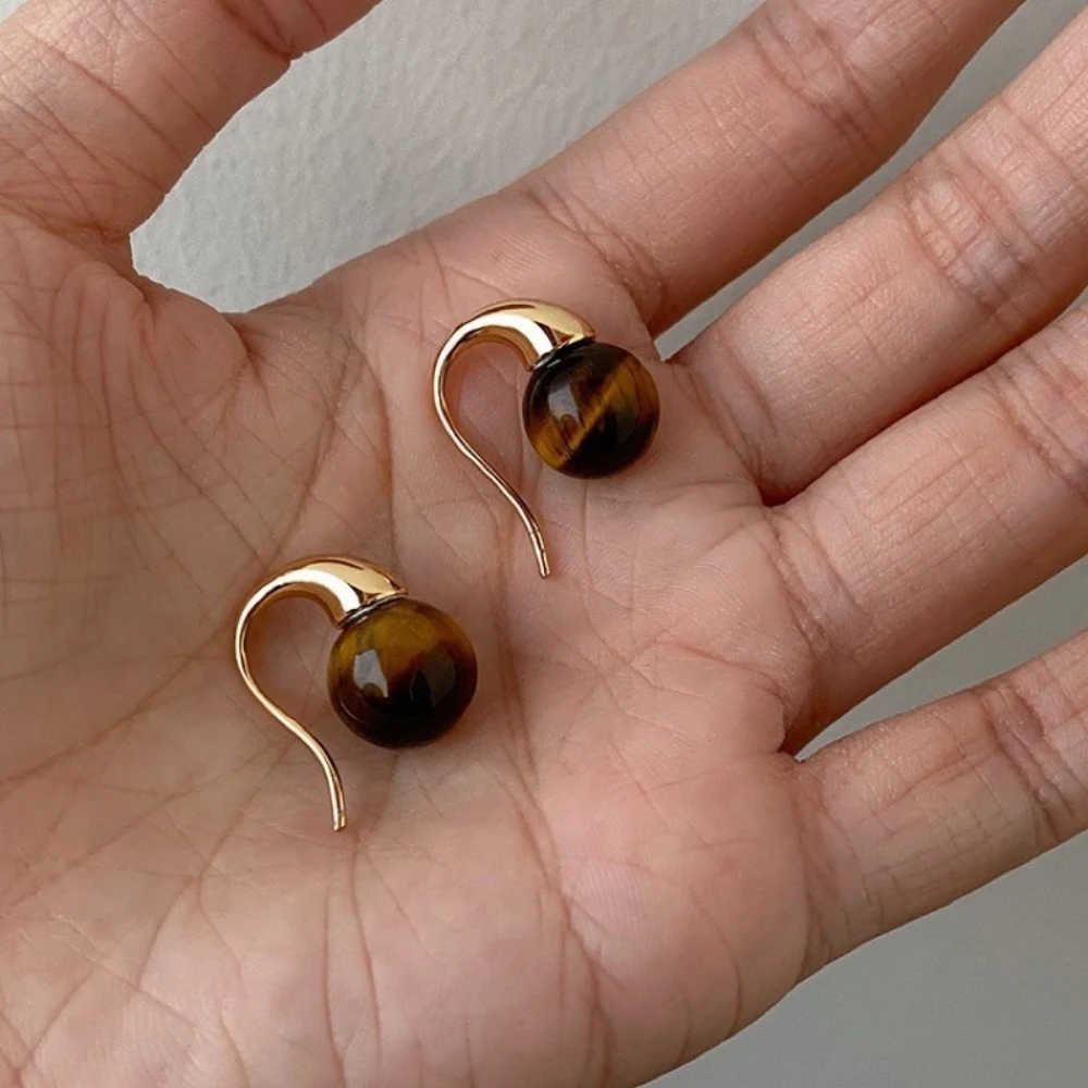 Vintage Maillard Caramel Tiger Eye Stone Earhook for Women Light Luxury Autumn Winter Niche Design Earrings Jewelry Accessories