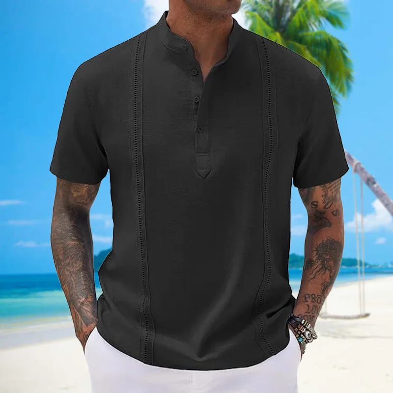 Men's stand collar solid color Cuban cotton hemp beach pullover short-sleeved, slim-fit quick dry suction Han-white sports men's