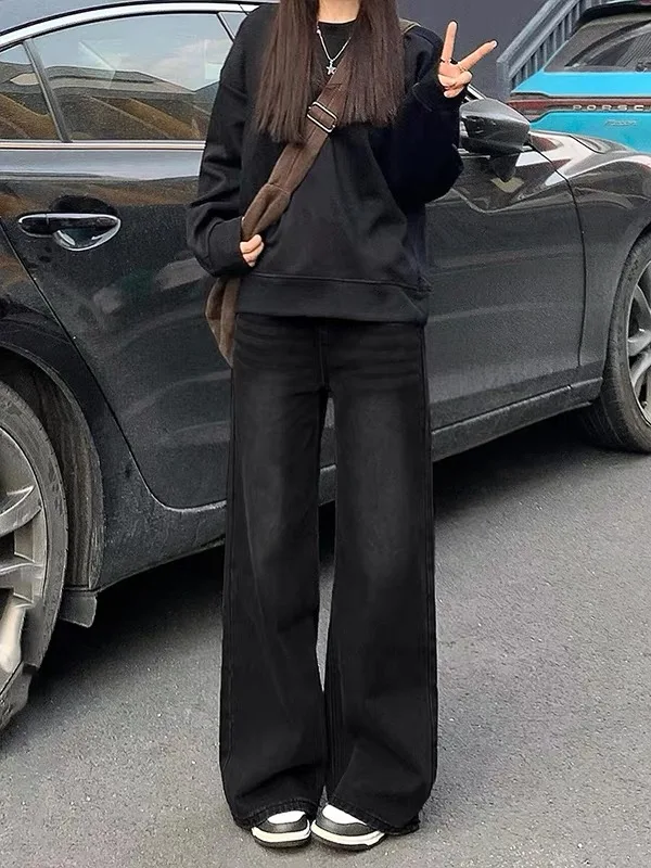 Black Grey Wide Leg Denim Jeans Women's Fall 2026 New Pear Body Shape Lazy Junior High School Students Long Pants Casual High...