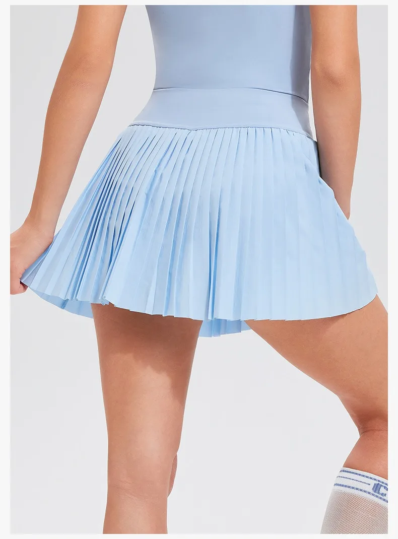 حجم كبير S-3XL وهمية قطعتين التنانير التنس 2 في 1 الرياضة Skorts مع جيوب عالية الخصر مطوي بسط البطن التحكم التنانير #3