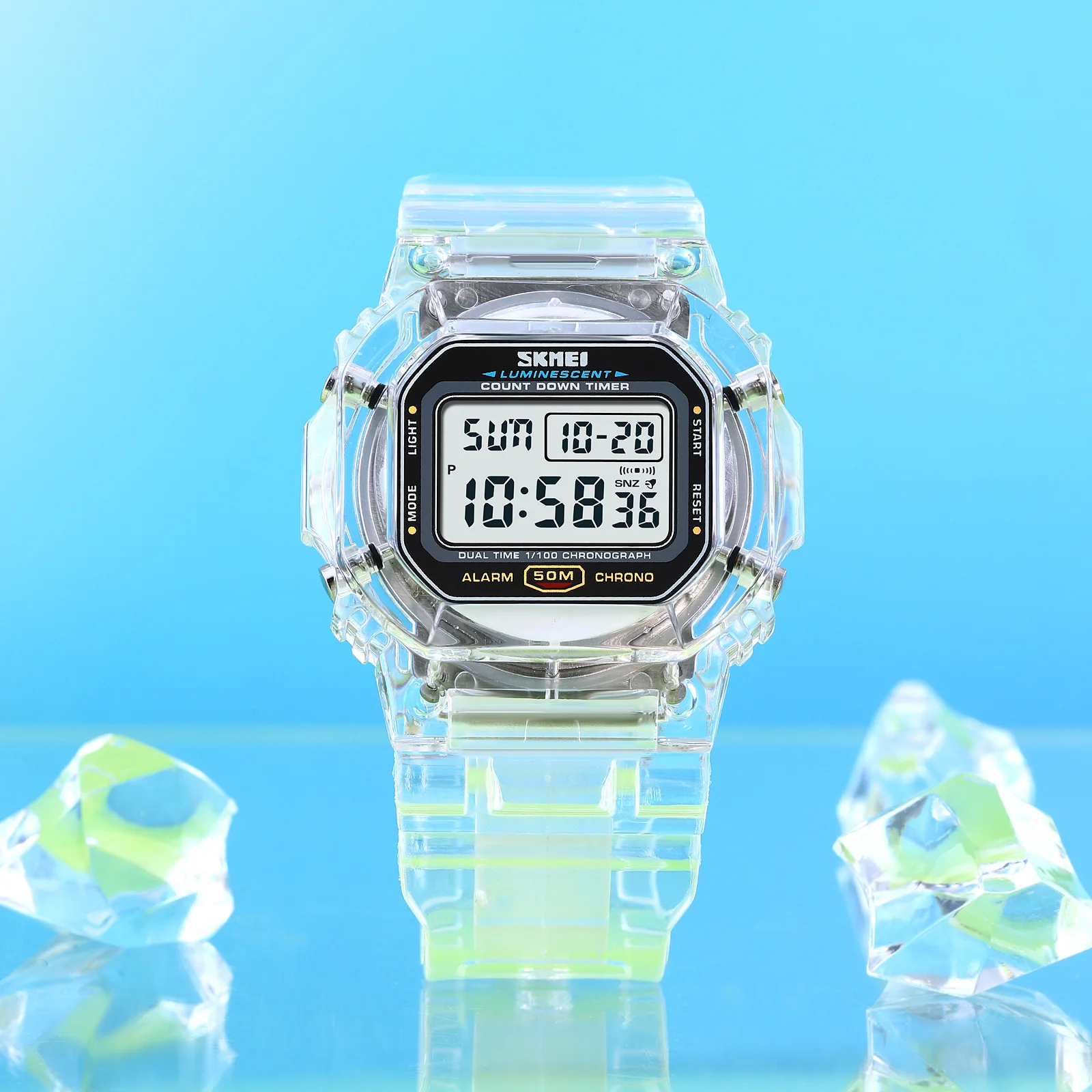 SKMEI Transparent PU Strap Lady Wristwatch Shockproof New Multifunctional 2 Time Count Down Women Digital Watches reloj mujer