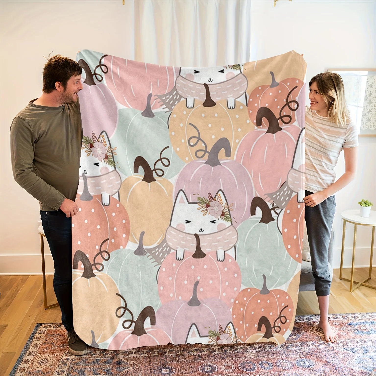 Pumpkin Spice Kitten Flannel Throw Blanket Soft Autumn Cat Design All Season Cozy Comfort for Seasonal Decor Gift