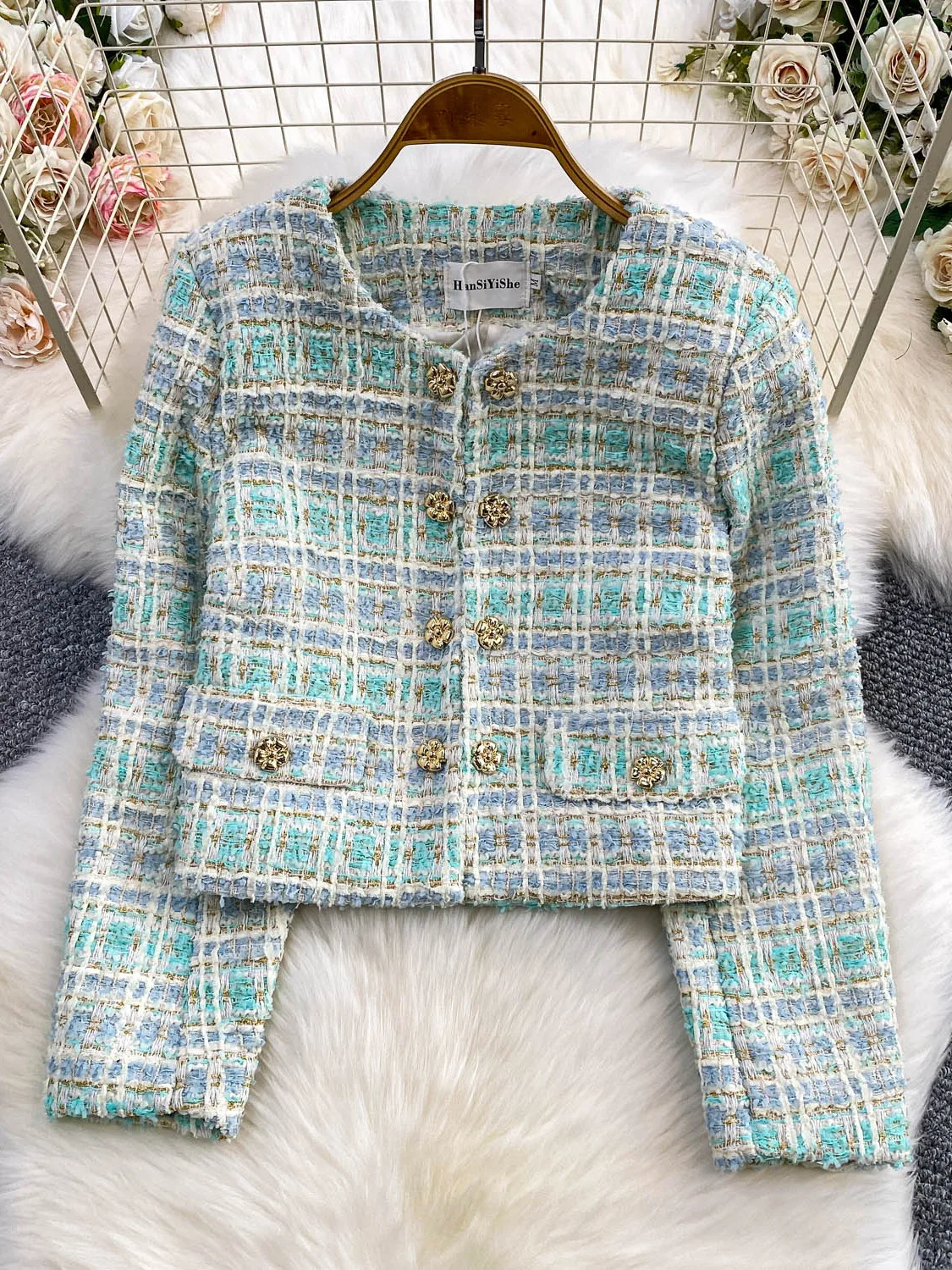 Ele round Ne Tweed Jaet Dames Herfst Winter Faion Unieke mooie metalen blauwe top Ladylike Commute Sle Loose Fit