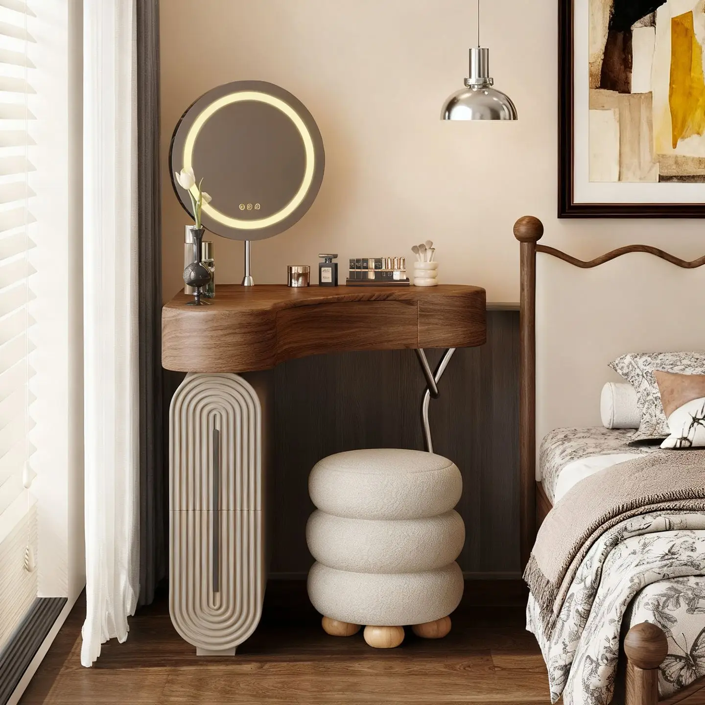 Modern Lighted Mirror Corner Triangle Solid Wood Dressing Table Storage Integrated Small Apartment Bedroom