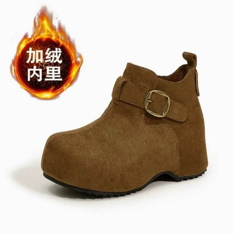 New Autumn Winter Fashion Warm Fleece Lined Shoes Women 6.5cm Thick Platform Slip on High Top Cotton Shoe Short Punk Boots Shoes