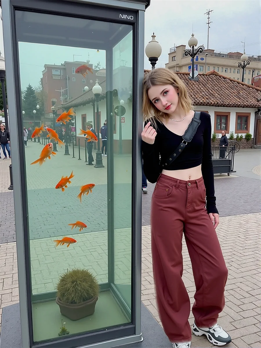 

Полочные широкие брюки, красные джинсы с высокой талией, тканевые женские джинсовые брюки, летние женские весенние прямые брюки с эластичной резинкой на талии, уличная одежда Ins