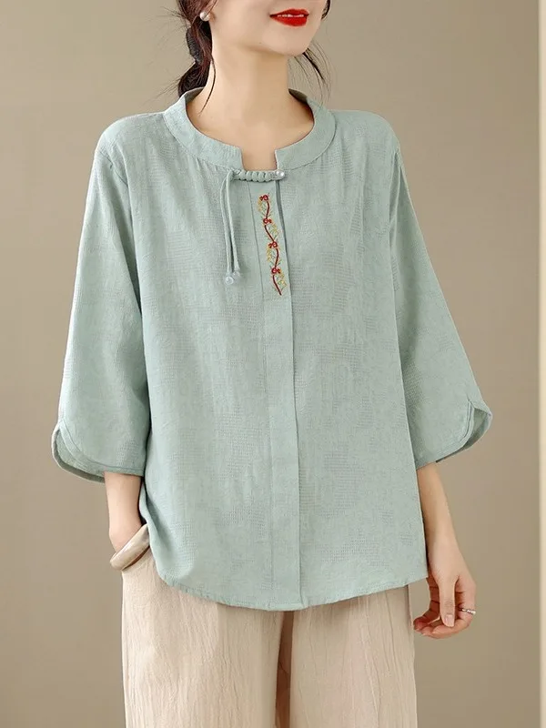 

Женская повседневная рубашка в китайском стиле с вышивкой и цветочным узором, большого размера, из хлопка и льна, с рукавом 3/4, на пуговицах, с воротником-стойкой, открытый кардиган