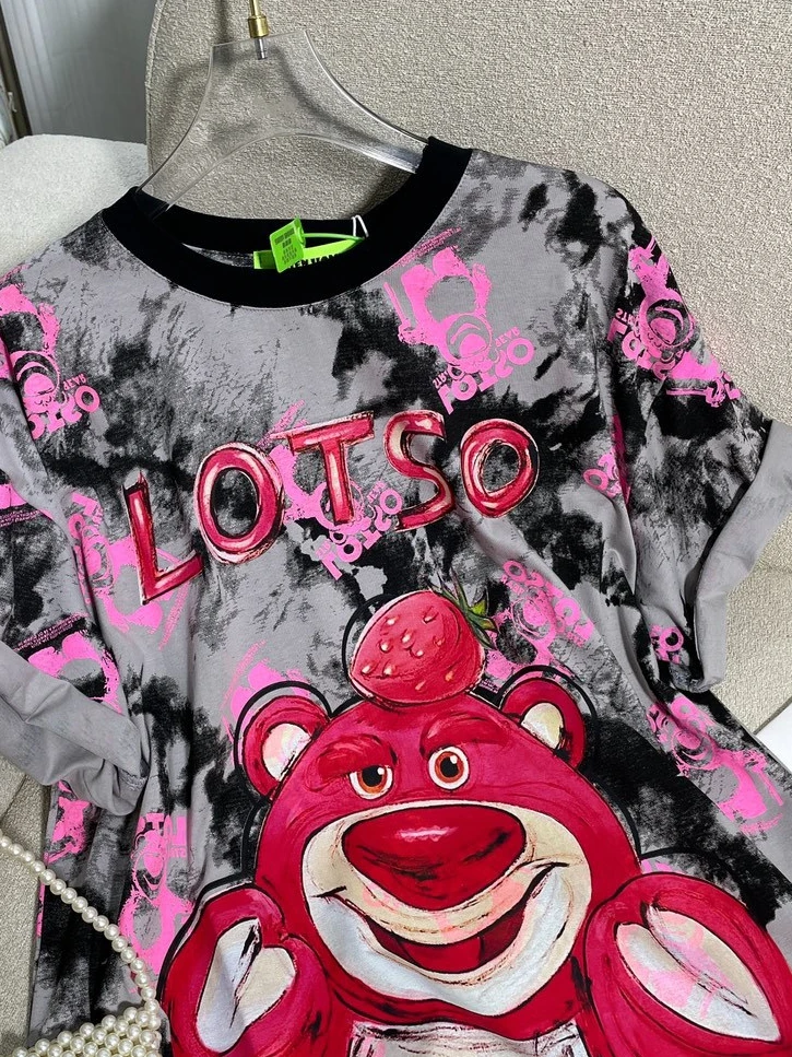 Fashion Cartoon Bear Printed Women Tops 2024 Summer New Fashion Casual Loose Round Neck Short Sleeves T-shirt Kawaii Clothes