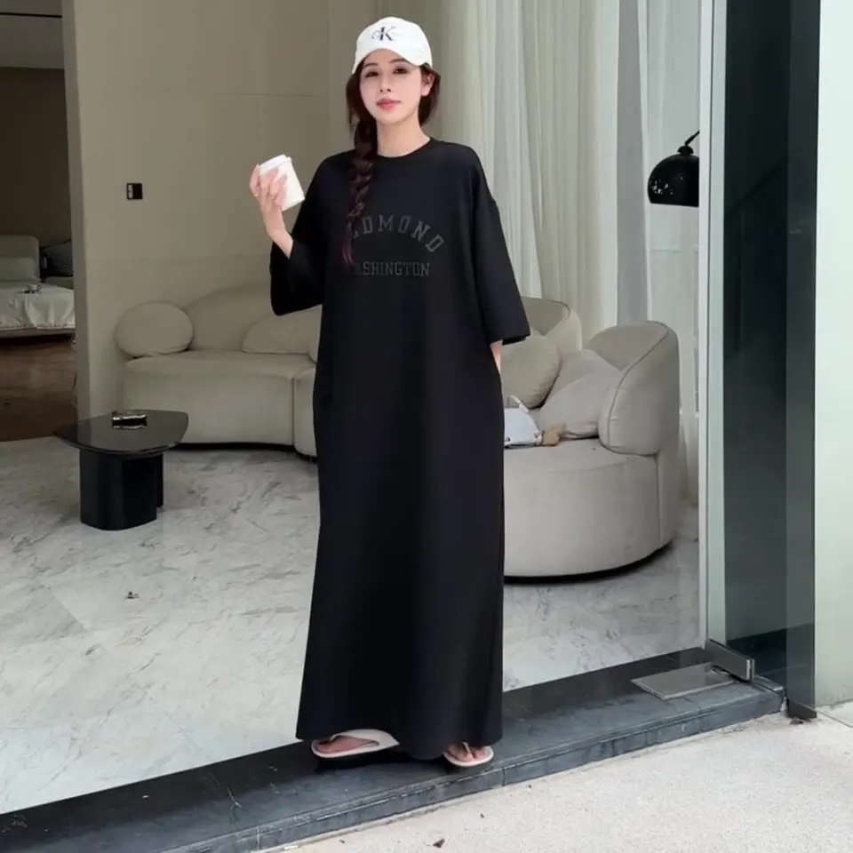 Summer Letter Printing T Shirt Dresses Short Sleeve Round Neck Plus Size Loose Simplicity Pullovers Casual Maxi Dress Clothes