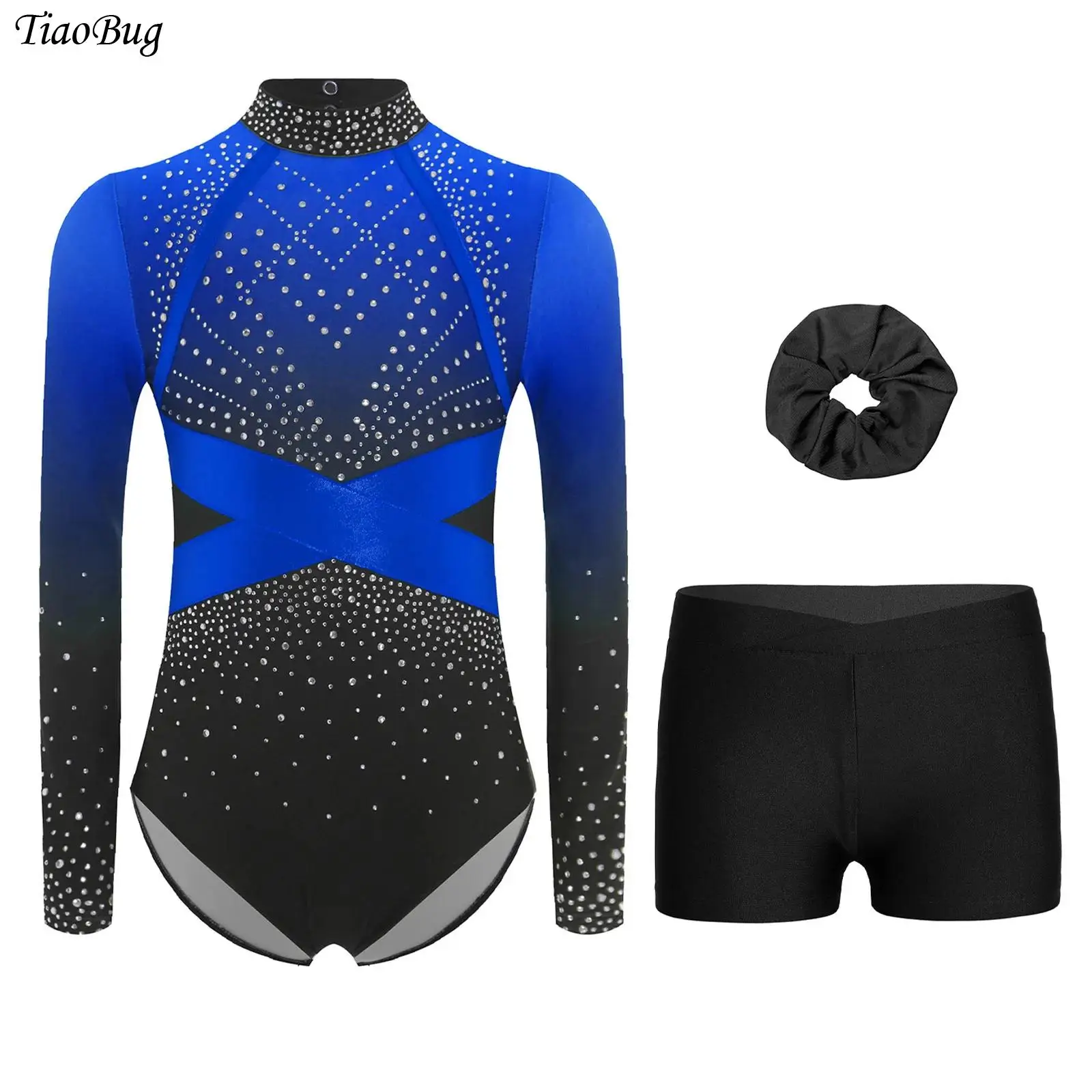 

Kids Girls Long Sleeve Ballet Dance Outfit Rhinestone Gymnastic Leotard Jumpsuit with Shorts Hairband Skating Yoga Unitard Suit
