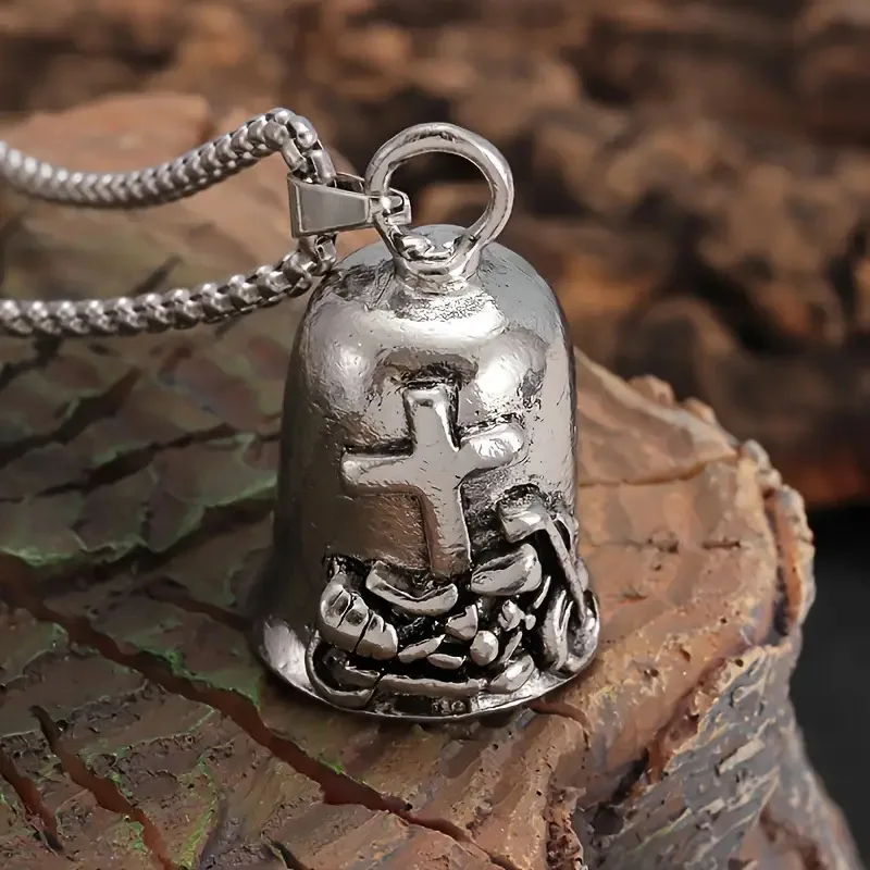 Vintage Gremlin Bell Guardian Bell Cross Motorcycle Pattern Lucky Pendant Biker Amulet Motorbike Hanging Decoration Rider Gift