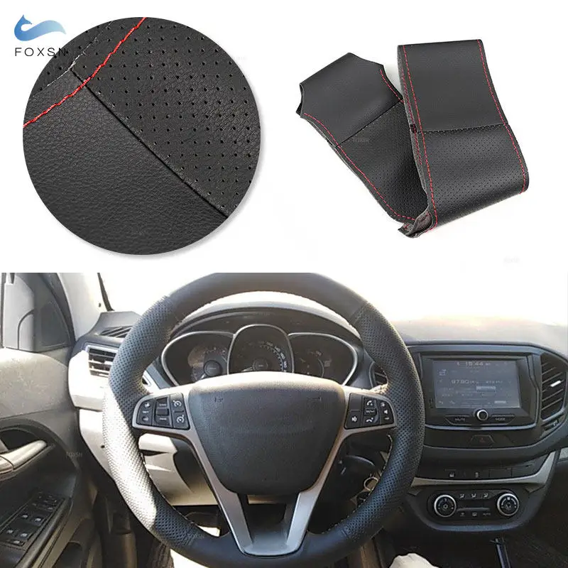 For Lada Vesta Xray 2015 2016 2017 2018 2019 Car Interior Steering Wheel Cover Perforated Leather with Needles & Threads Kits