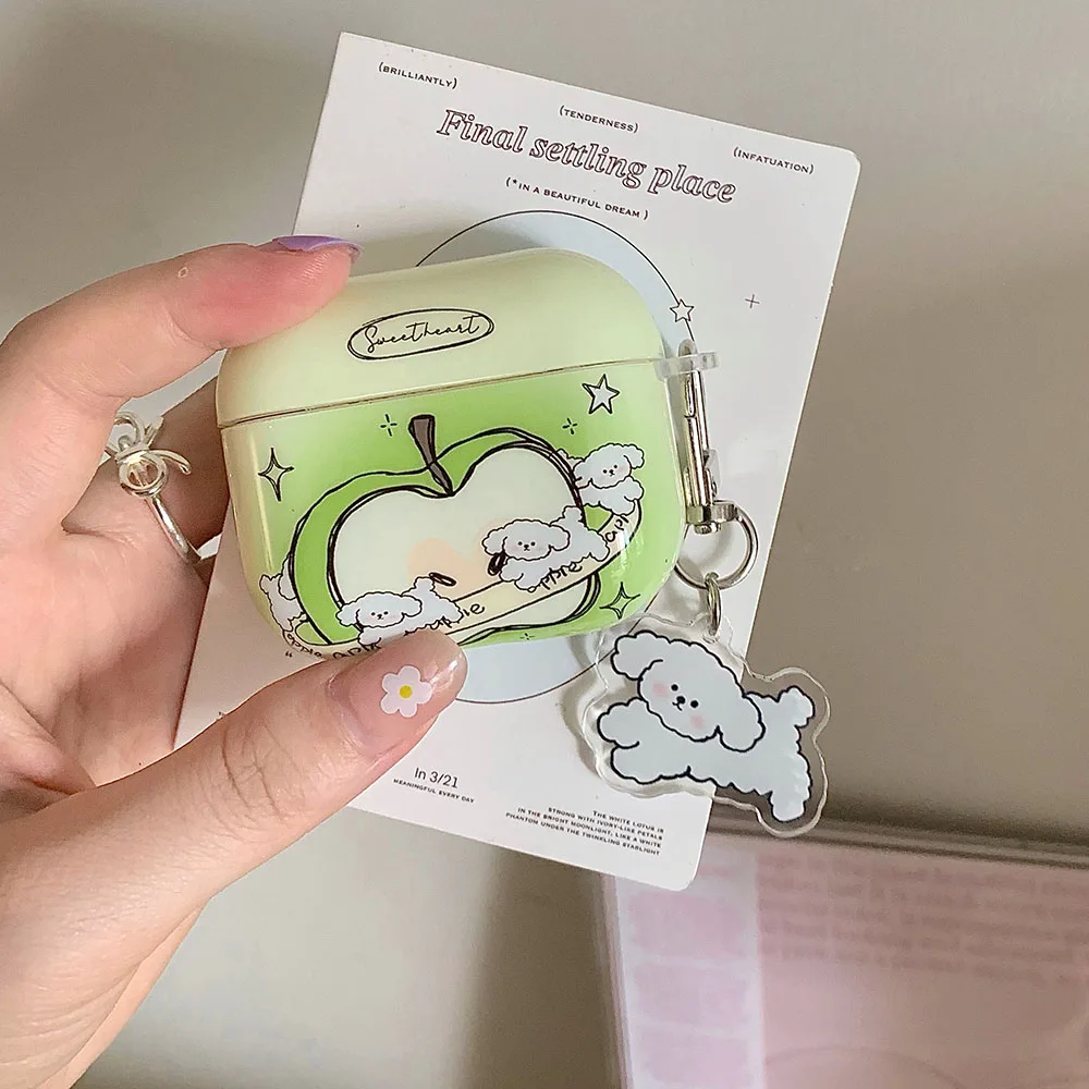 Matcha Green Apple Lovely Running Puppy Smooth Soft Cover Case For AirPods 1 2 3 Pro 2nd Bluetooth Charging Box Protection Cases