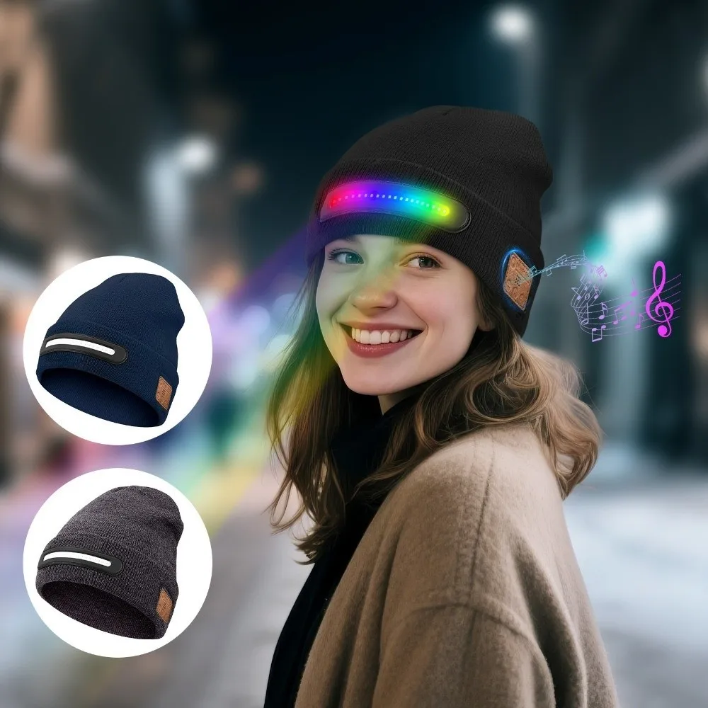 

USB Rechargeable LED Lighted Beanie Hat Built-in Speaker Mic Three-Stage Lighting Bluetooth Earflap Hat Detachable