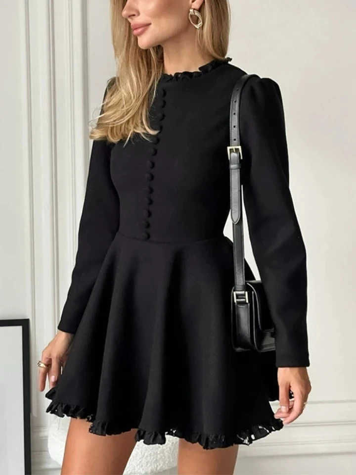 

Summer New Solid Color Party Short Dress Elegant Lady Button Slim Commute Dresses Casual Stand Collar Short Sleeve A-line Dress