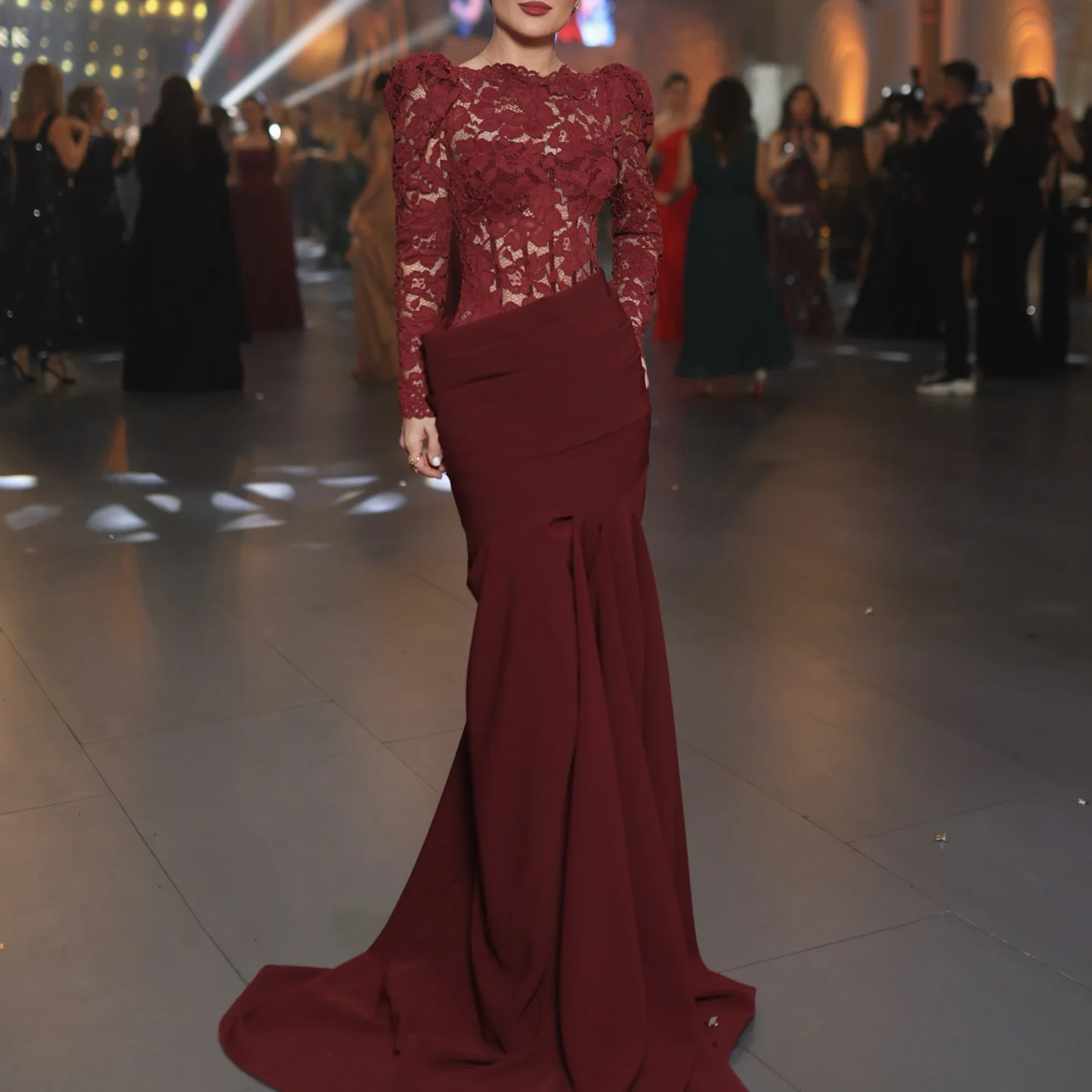 

FOLOBE Lace Wine Red Evening Dresses Elegant Satin Mermaid Pleated Prom Gowns Pleated for Women Wedding Dress Customized