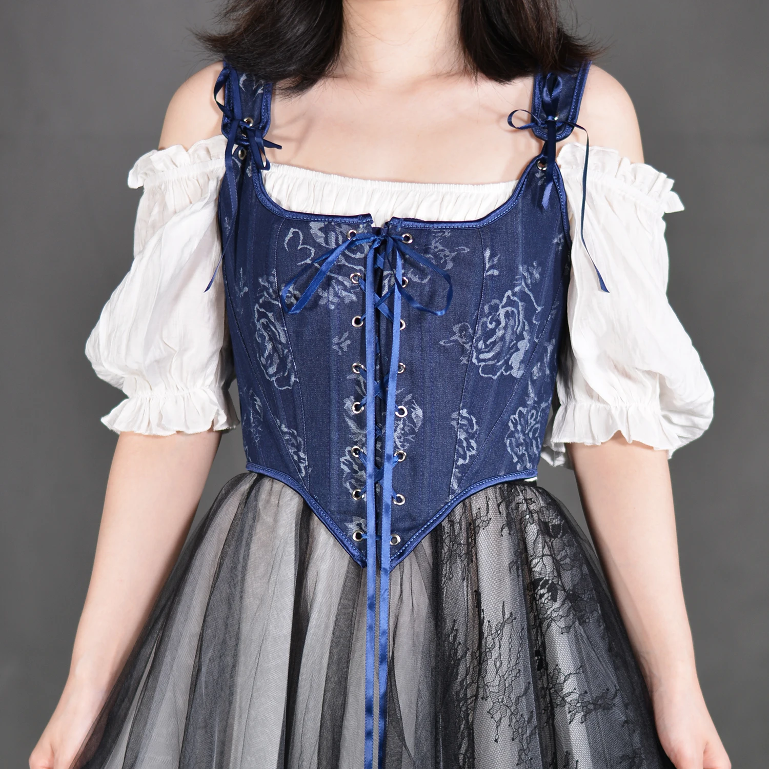 French Style Renaissance Corset Tops Women Vintage Lace-up Jeans Rose Print Overbust Corset Crop Top Lolita Clothing