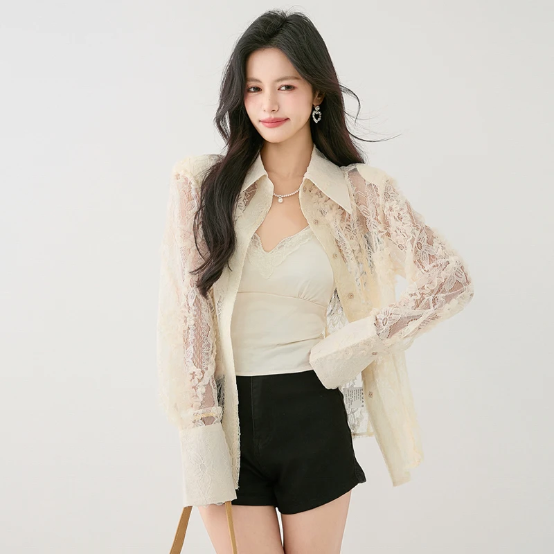 

Sexy Hollow Out Lace Shirts For Women Elegant Office Lady Long Shirt Turn-down Collar Women Tops Fashion Women's Clothing