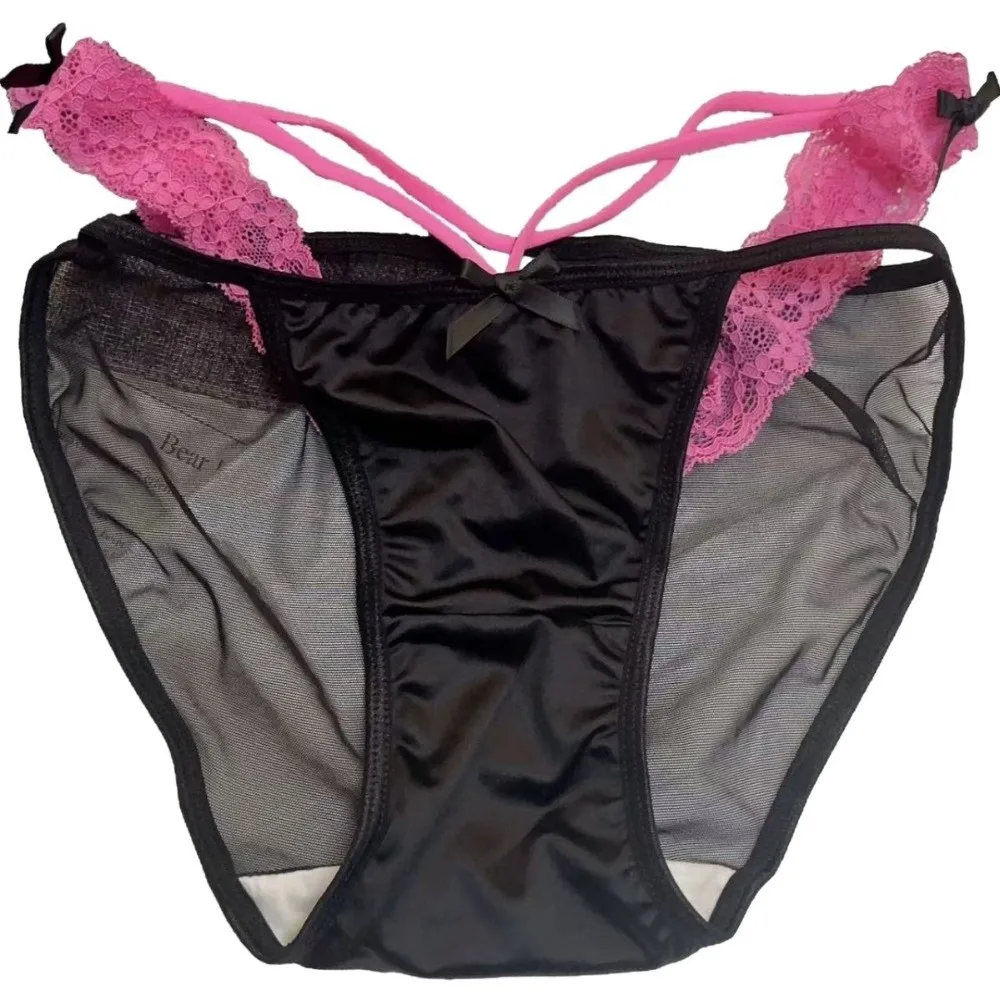 Delicate Low Waist Satin Silk Briefs Hollow Out Mesh Thin Lace Panties Cotton Crotch Underwear for Women Women