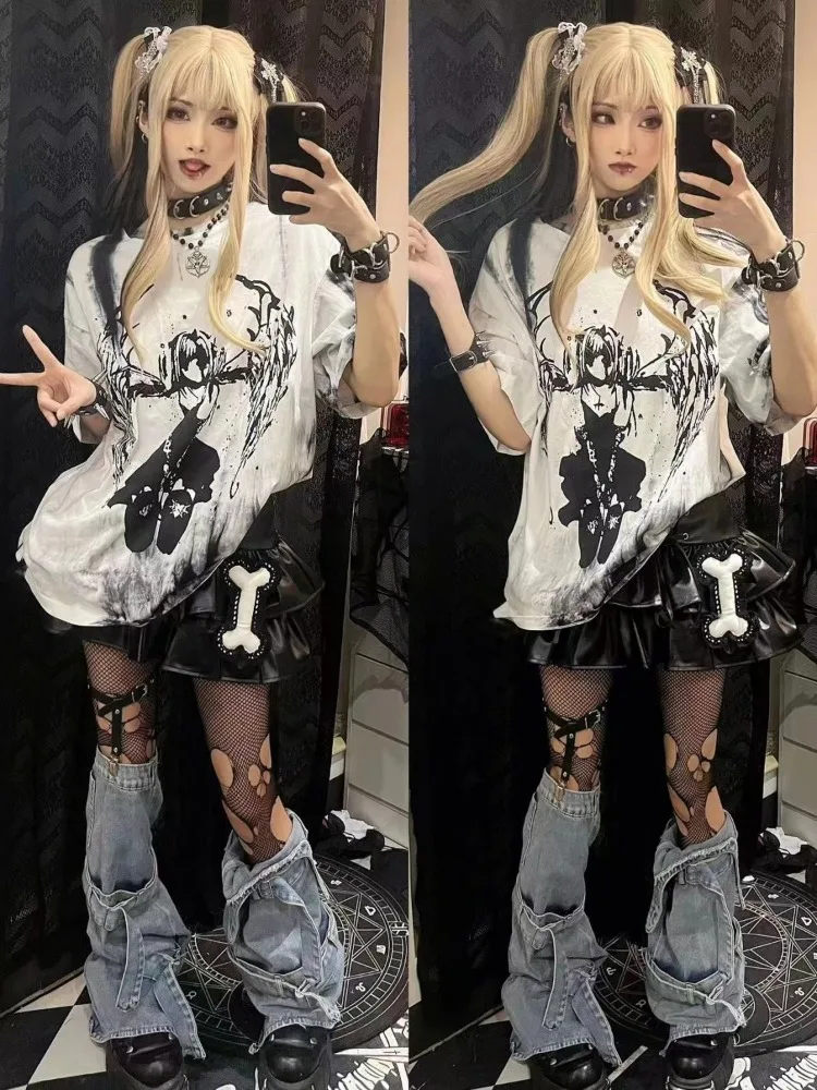 HOUZHOU Grunge Vintage Streetwear T Shirts Frauen Japanische Mode Gothic Cartoon Print Lose Tees Tops Y2k Harajuku Sommer 2024