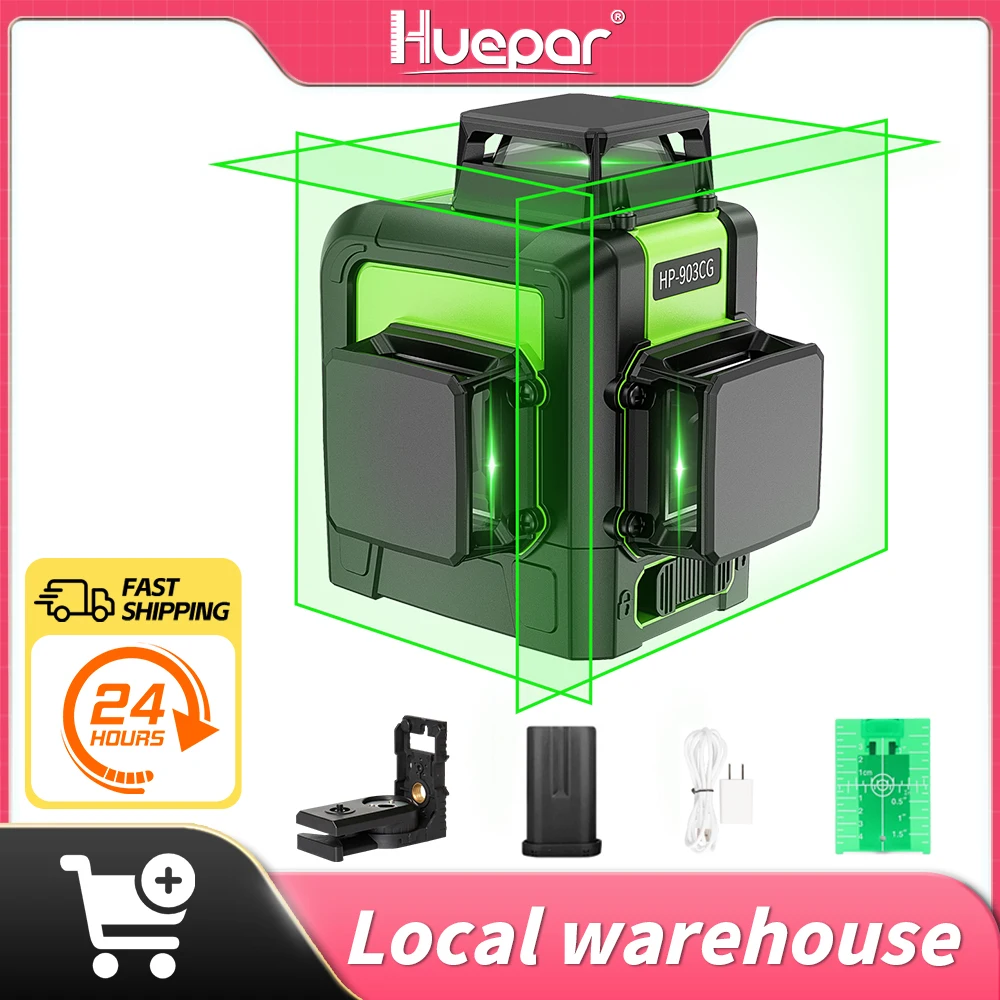 Huepar Professional 12-Line 3D Cross Line Laser Level with Self-Leveling, 360° Vertical and Horizontal, and Osram Green Laser