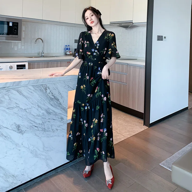 صيف 2025 الأزهار طباعة شقيقة طويلة الدكتور التخسيس جرس Sve عطلة المرأة الدكتور تنورة Ele عالية الخصر الشيفون محبوك #3