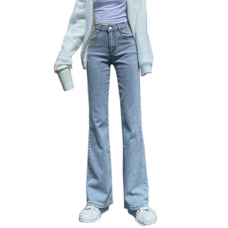 Light Wa Micro Flare Jeans Mujer Slim Fit Cintura alta Adelgazante Tamaño ort Ajustado Elástico Hasta el suelo Pezuña