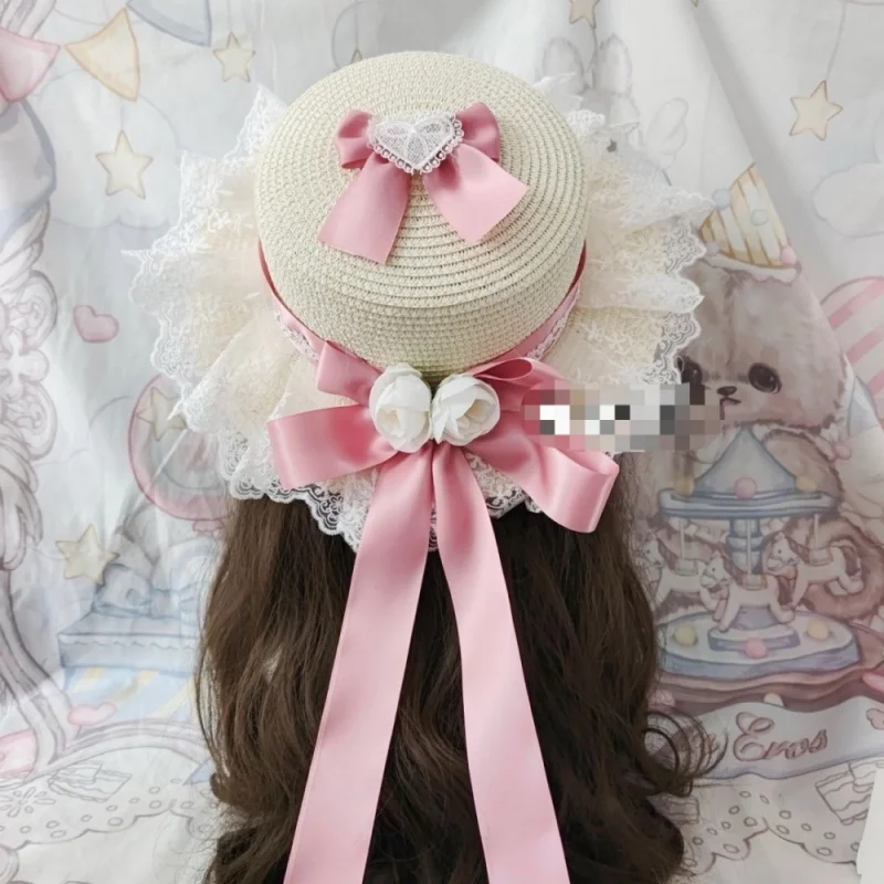 로리타 밀짚모자 숲의 달콤한 리본 프랑스 소녀 꽃 차양 모자 로리타 플랫 탑 모자 사랑 스타일