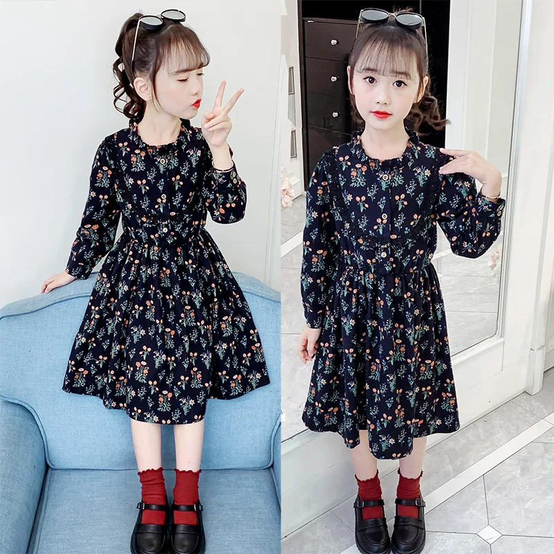 Girls Fashion Lace Embroidered Princess Dresses 2022 New Spring Floral Long Sleeve Vintage Cotton Turtleneck Dress Kid One Piece