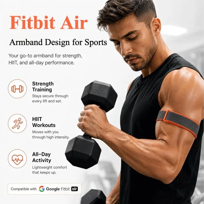 Pulseira de Braço Esportiva Google Fitbit Air Bicep, Rastreador de Fitness, Pulseira de Relógio em Nylon Trançado Respirável, Ajustável para Corrida