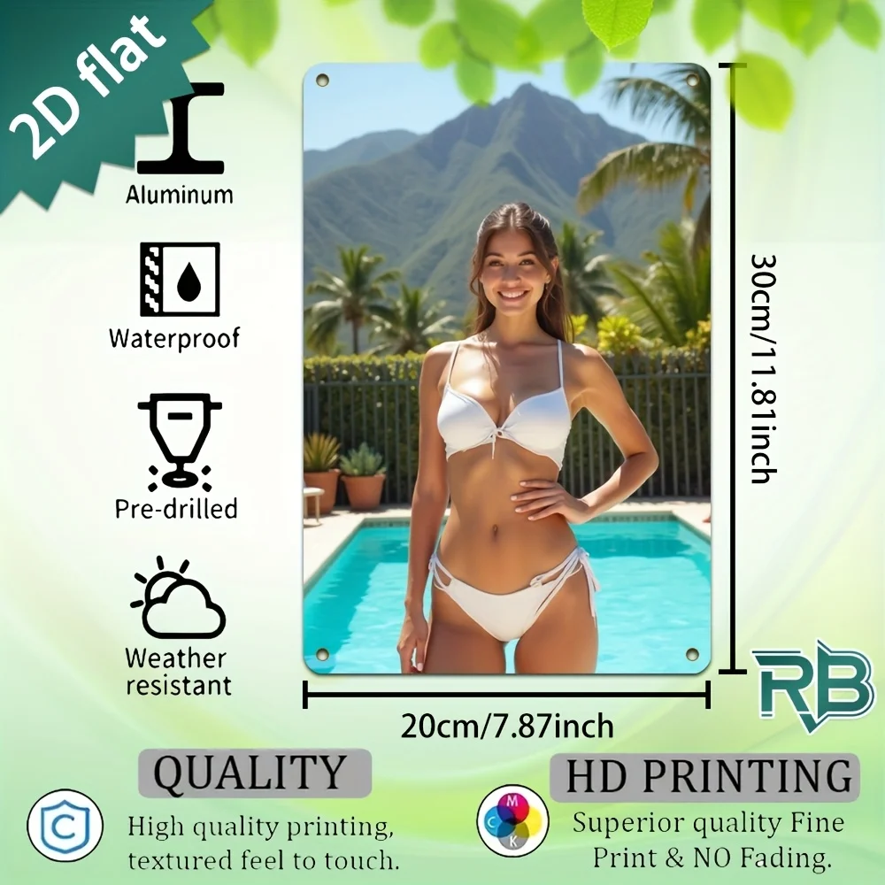New Trendy HD Metal Wall Art - Vintage Retro 2D Flat Design Summer Vacation Aesthetic Poster Featuring a Beautiful Smiling Girl
