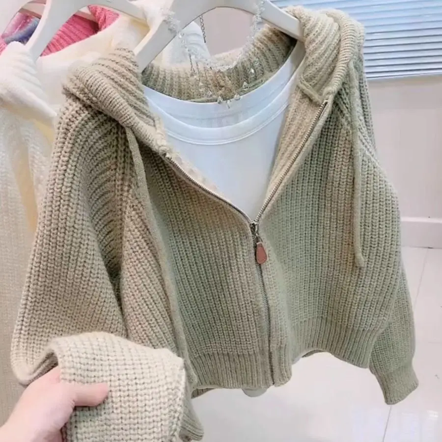 Pink Hooded Knitted Cardigan For Women\'s Autumn New Loose And Stylish Design Striped Short Sweater Zipper Jacket White Overcoat