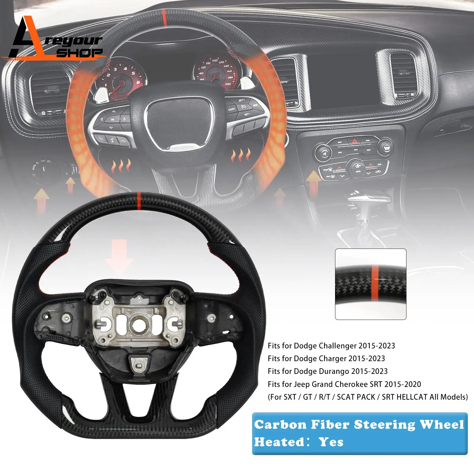 

Carbon Fiber Heated Steering Wheel Fit for Dodge Charger Challenger 2015 2016 2017 2018 2019 2020 2021 2022 2023