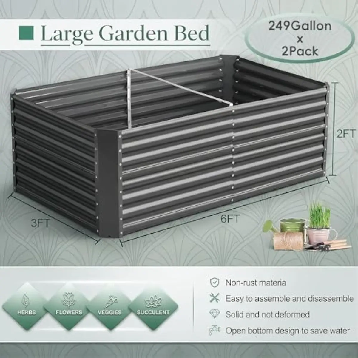 2-Pack Industrial-Style Rectangular Galvanized Steel Raised Planter Box Set – 6 ft x 3 ft x 2 ft Tall Rust-Resistant Elevated Ga