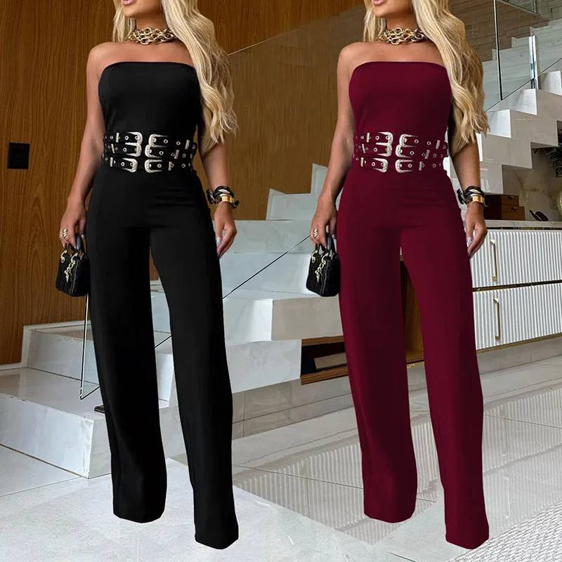 Ladies Solid Color High Waisted Streetwear Hot Girl Sleeveless Off Shoulder Rompers Sexy Tube Top Metal Buckle Bodycon Jumpsuits