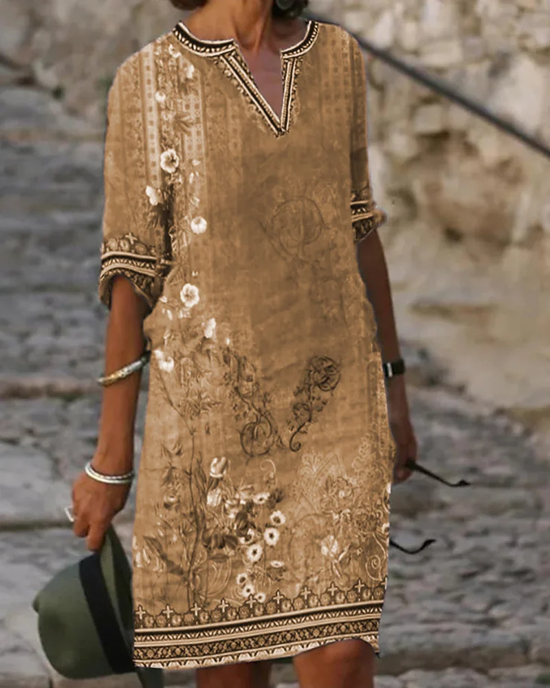 Ethnic Retro Summer Printed Boho Knee Length Dress Women Casual V Neck Dress Spring Half Sleeve 2025 Ladies Elegant Vestidos