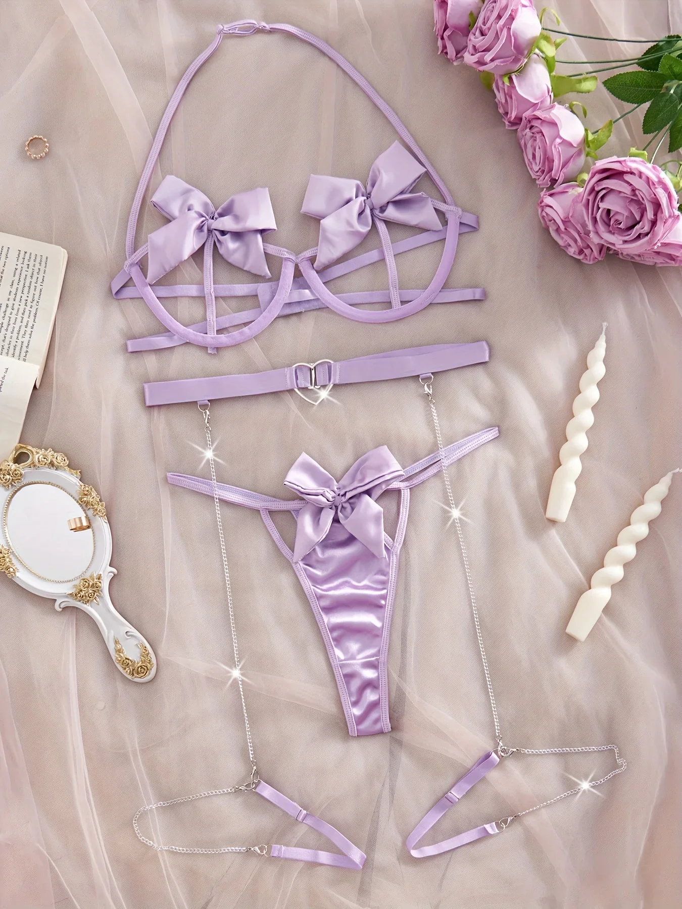 Charming Satin Lingerie Set Women's Casual Style Two Piece High Support Bikini Set with Mid Rise Briefs and No Padding Lash Sets