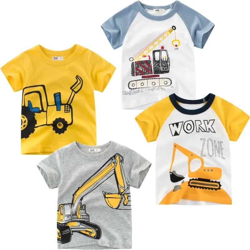 Dropshipping 4PCS/Set 2025 Summer New Boys' Excavator T-Shirts Cartoon Children Tops Short Sleeve Cotton Kids Clothes 2-10Y