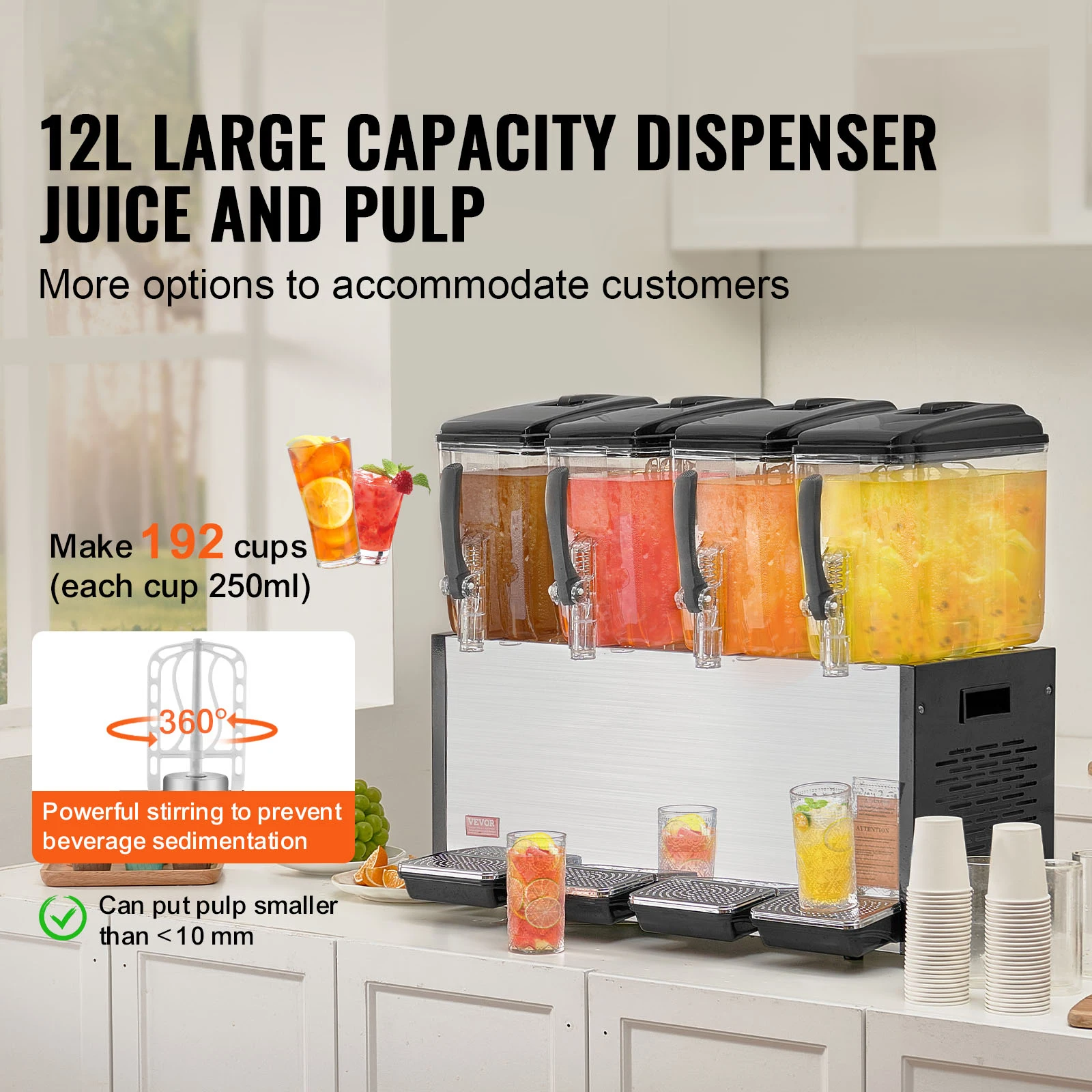 SucceBuy 4 Tanks Commercial Beverage Dispenser 10L/12L Per Tank Juice Dispenser Stainless Steel Ice Tea Drink Machine