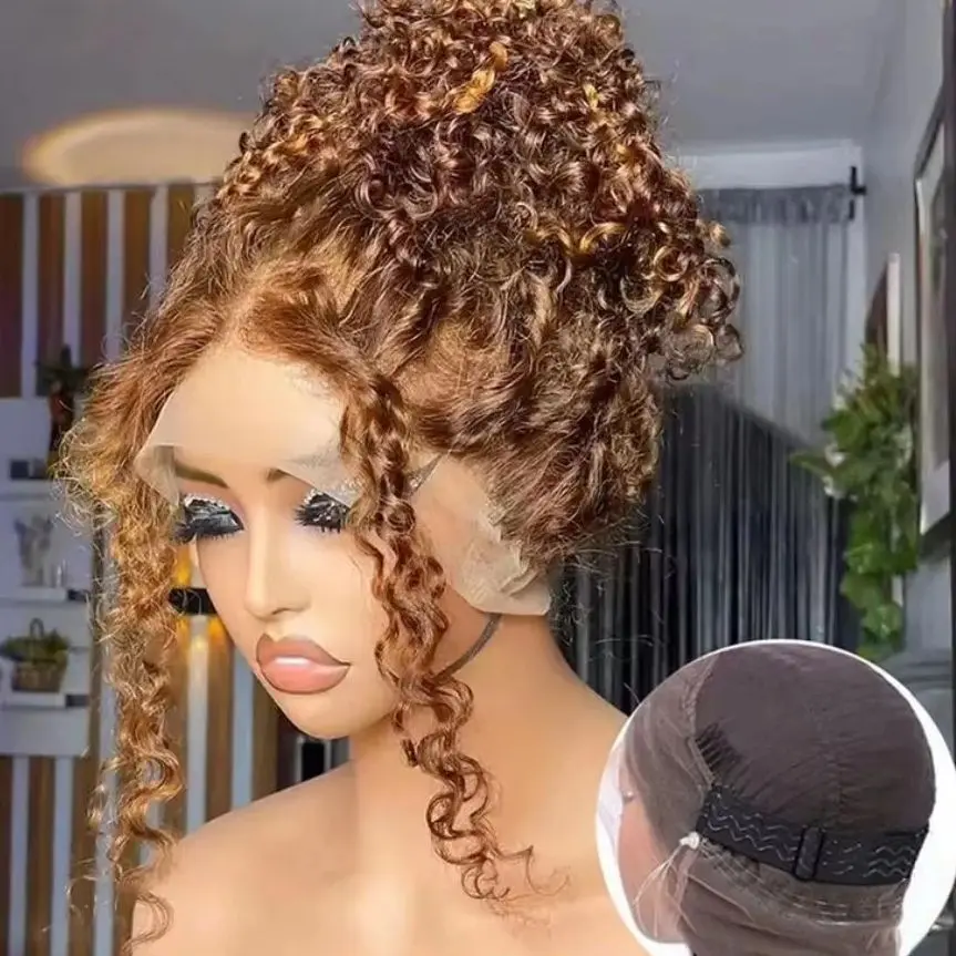 Highlight HD Invisible Strap 360 HD Lace Wig Pre Plucked Deep Wave Curly 200% Density 360 Invisible Drawstring Transparent Lace Frontal Wigs Highlight Wig Human Hair