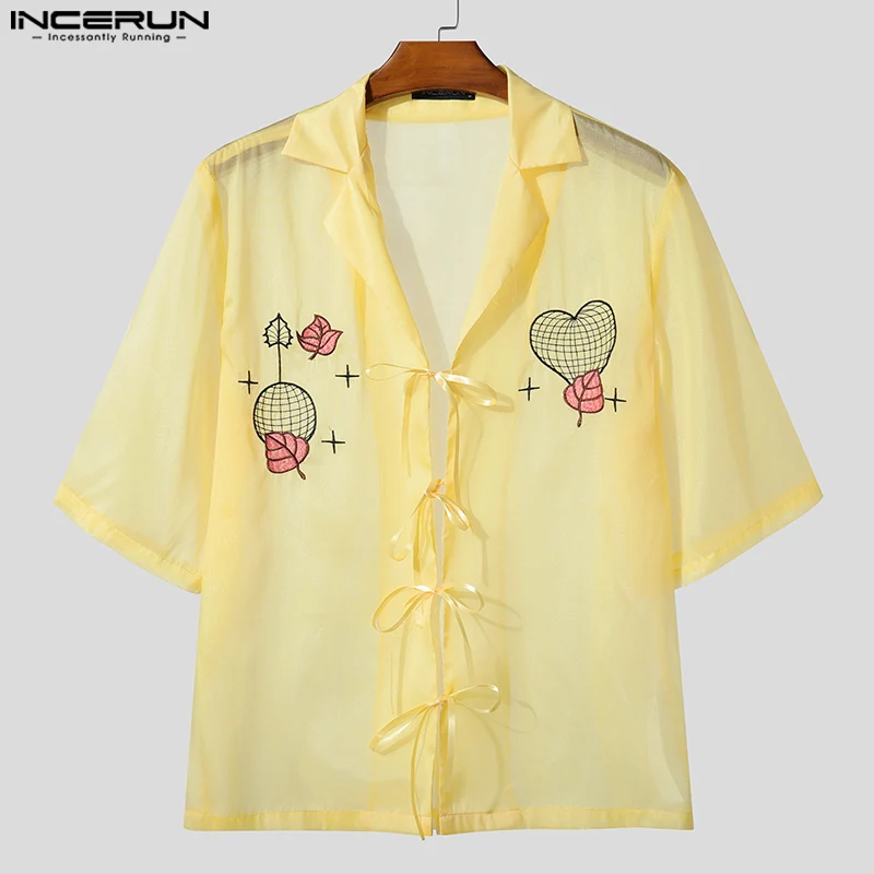 

INCERUN Мужская рубашка в сетку с вышитыми лацканами и коротким рукавом, свободная мужская одежда на шнуровке, прозрачная уличная одежда, модные мужские тонкие рубашки