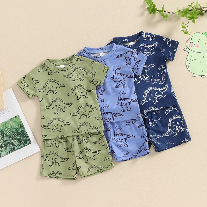 

2024-03-19 Lioraitiin Summer Toddler Baby Boy Outfits Short Sleeve Dinosaur Print T-Shirt + Pocket Shorts Set Casual Clothes
