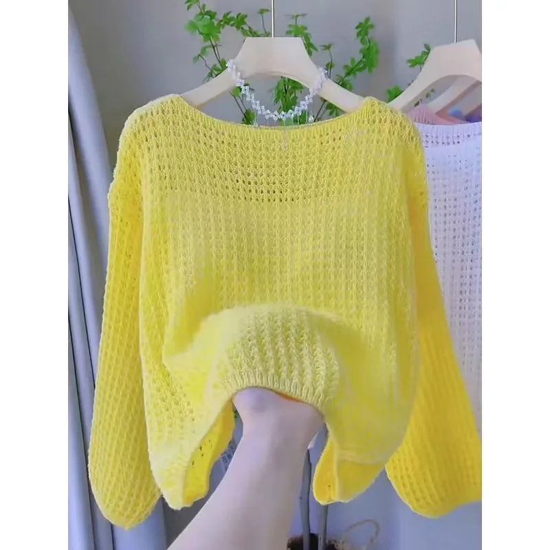 

Spring New Hollowed sun protection Knitted Smock Wome Korean Version Casual Pink Slash Neck Long Sleeved Top Yellow Thin Clothes