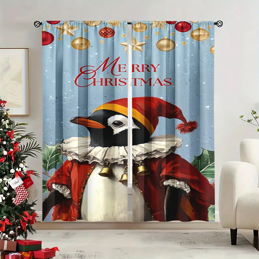 2PCS Christmas Winter Curtains, Vintage Penguin Court Costume Bell Merry, Digital Print, Bedroom Living Room, Home Decor