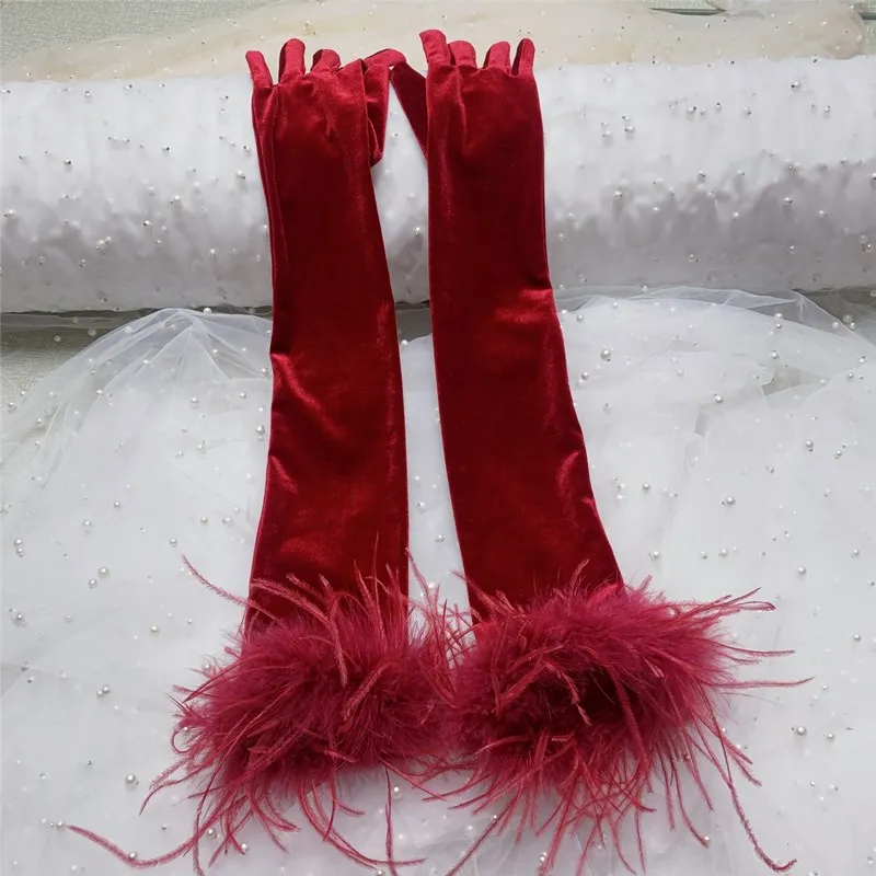 

Women's Elegant Ostrich Feather Long Velvet Glove Female Spring Summer Vintage Sunscreen Driving Photograph Glove R1799