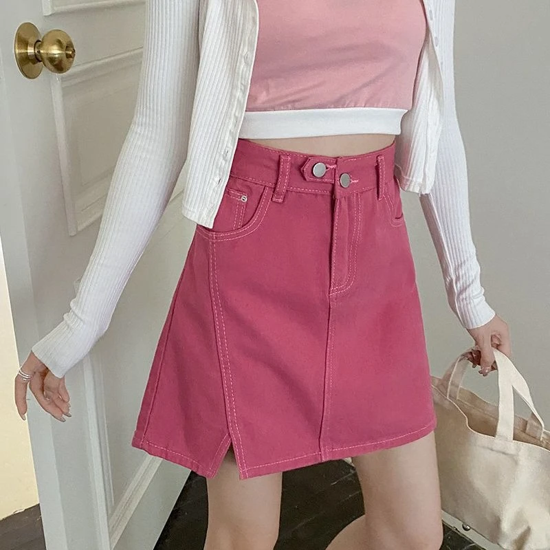 

Женская летняя новинка: джинсовая мини-юбка с высокой талией, утягивающая, А-силуэт, с разрезом, облегающая, универсальная, скрывающая бедра