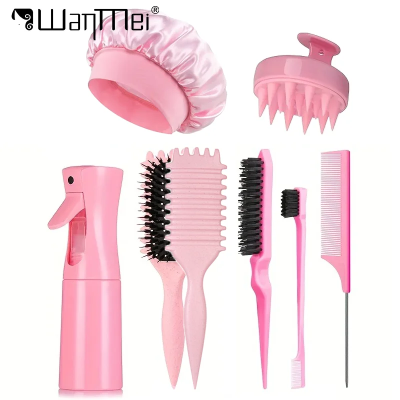 1/5/7pcsHair Care Kit Rolling Candy Brush with Rat Tail Edge Control Comb Spray Bottle Soft Satin Sleeping Cap Styling Tools
