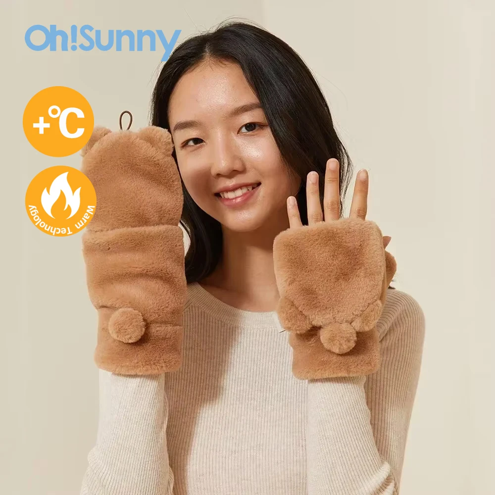 OhSunny Plush Warm Gloves Fleece Women Flip Half Finger Thickened Autumn and Winter Cartoon Bear Fingerless Mittens