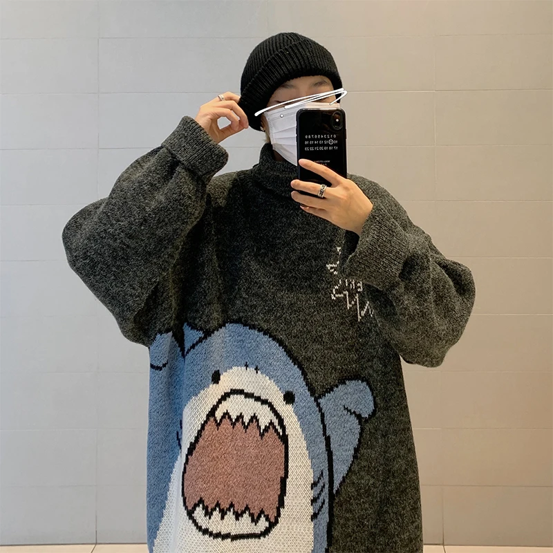 Mannen Coltruien Haai Trui Mannen 2023 Winter Patchwor Harajuku Koreaanse Stijl Hoge Hals Oversized Grijze Coltrui Voor Mannen