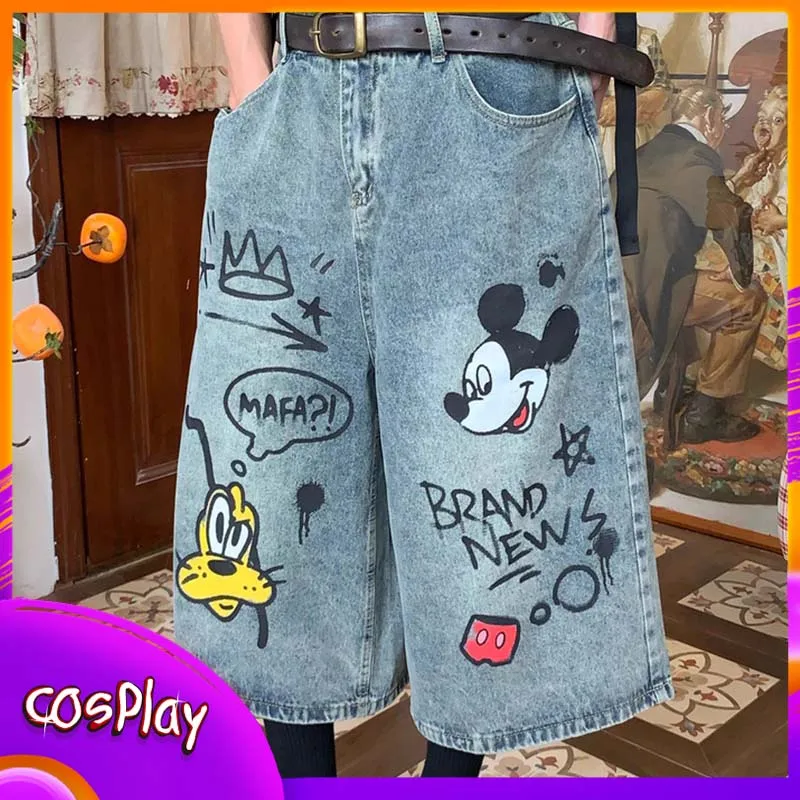 

Джинсовые брюки с Микки Маусом, свободные прямые широкие брюки с мультяшным принтом Диснея, короткие джинсы для мужчин и женщин, повседневные укороченные брюки в стиле ретро